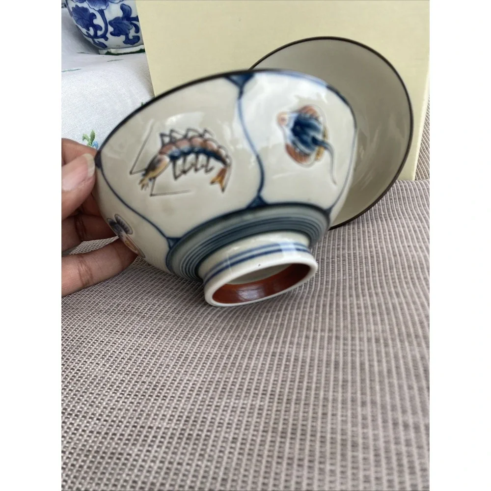 2Japanese Footed Porcelain Rice/Soup Bowls Hand Painted Crabs Shrimp Fish 5